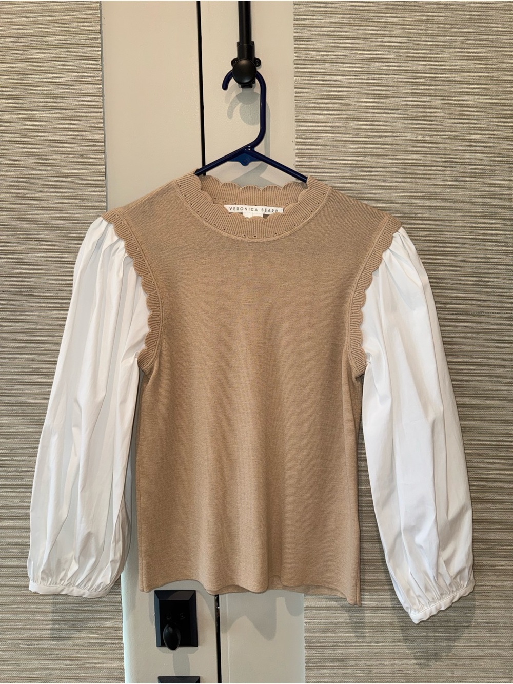 Veronica Beard Tan Knit Shell with White Puff Long Sleeves